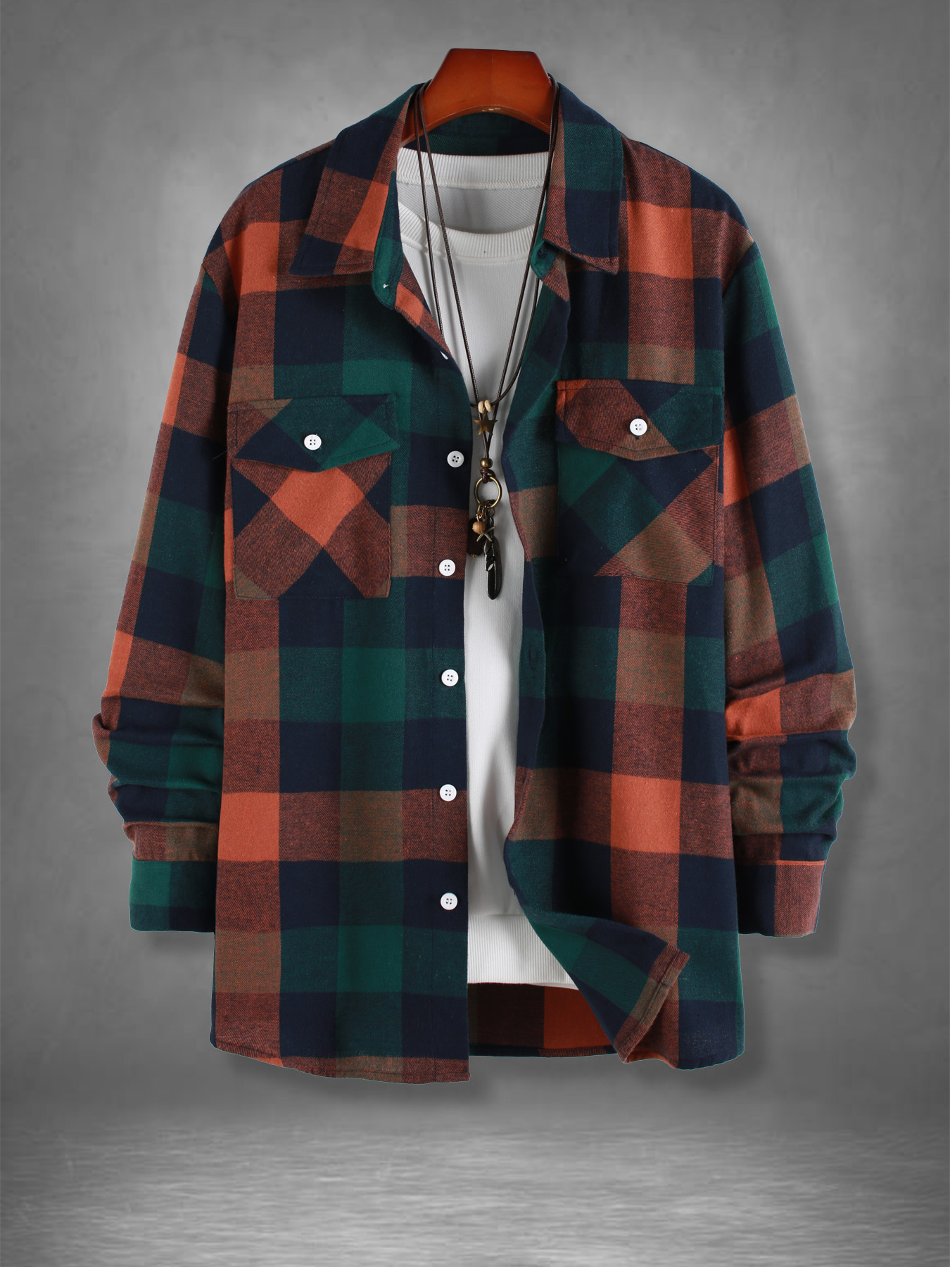 Mens Fashion Summer - Men's Retro Orange Green Plaid Flannel