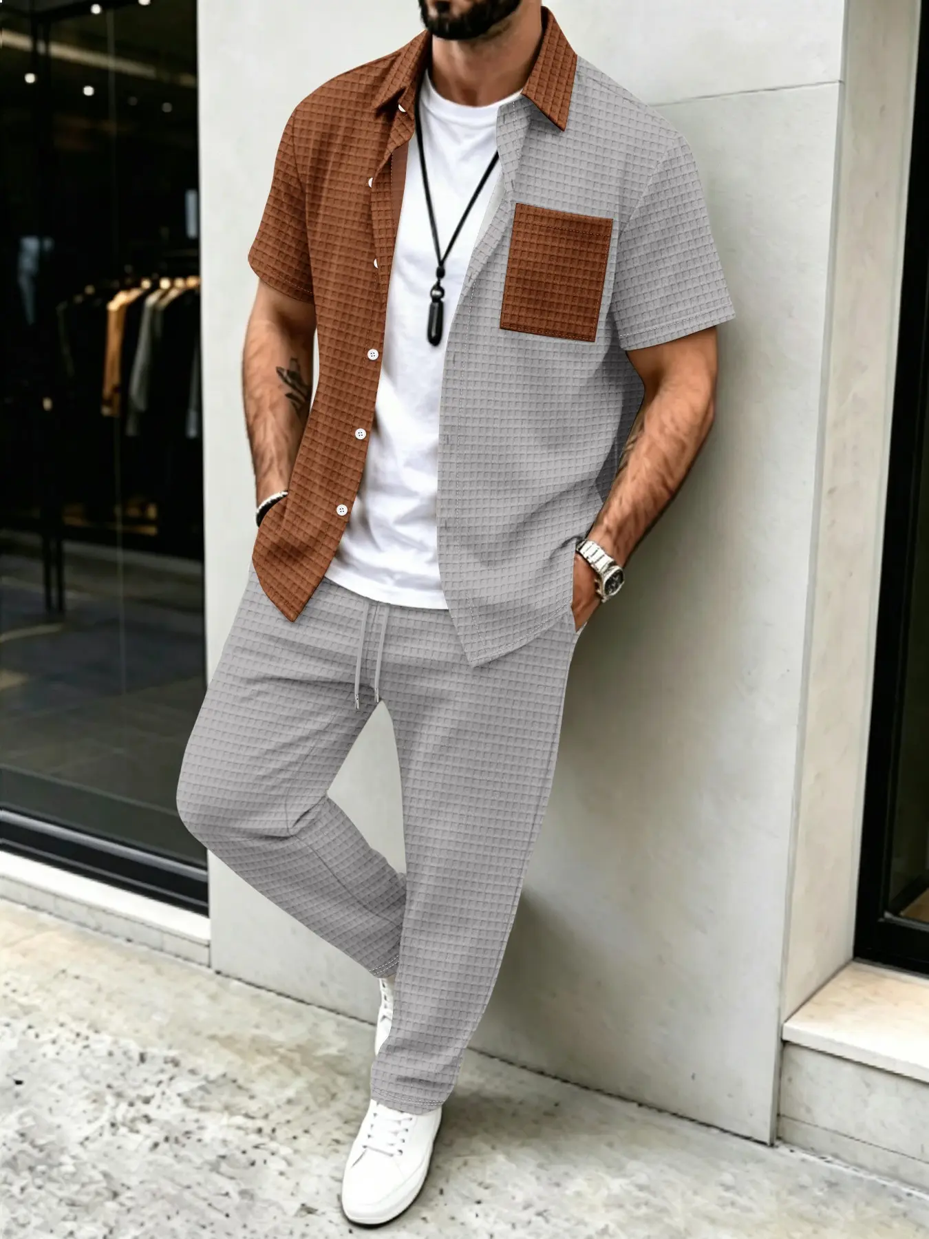 Men's Solid Waffle Pattern Cas - Mens Fashion Wear avaliação e preço