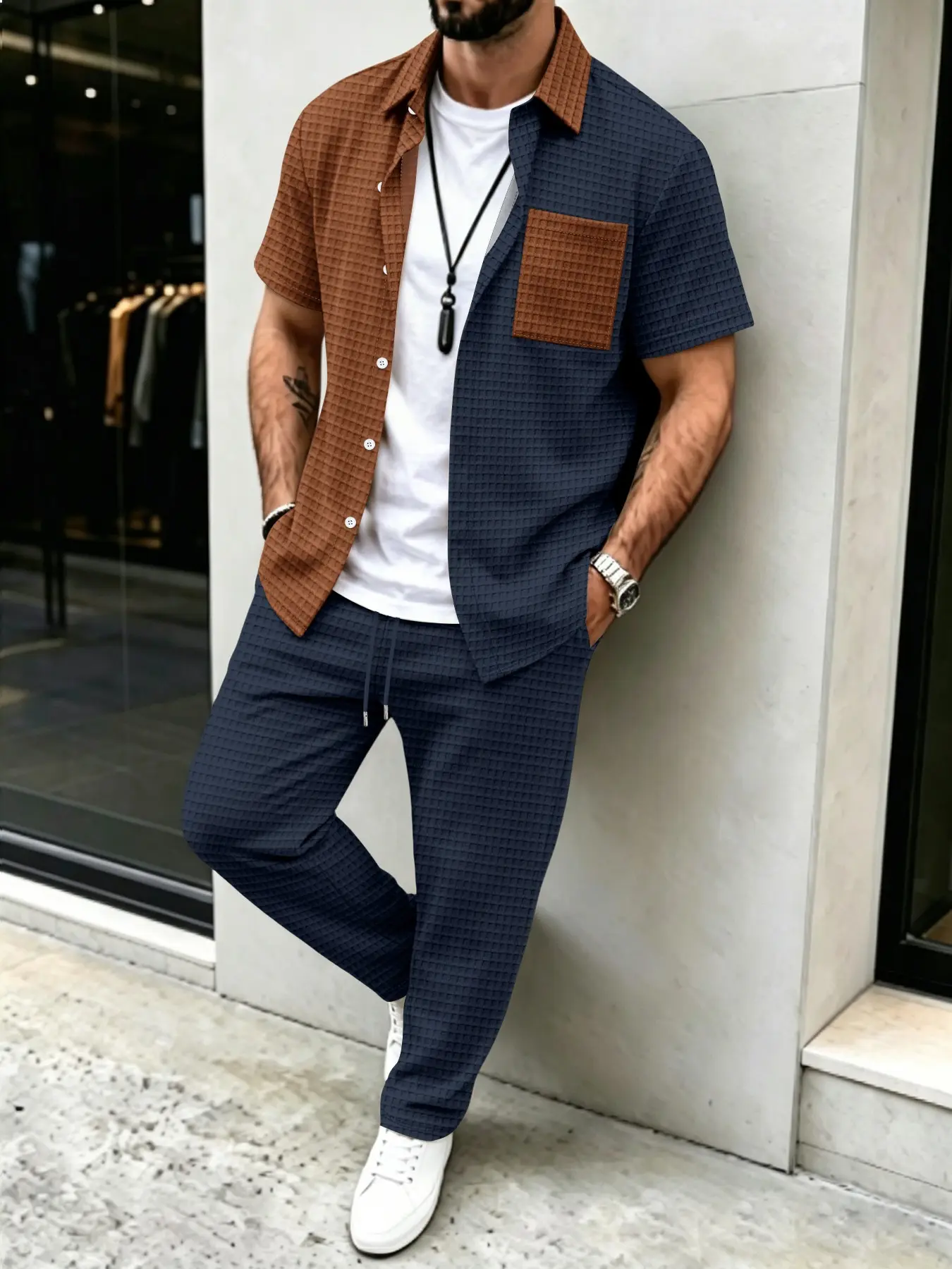 Men's Solid Waffle Pattern Cas - Mens Fashion Wear avaliação e preço