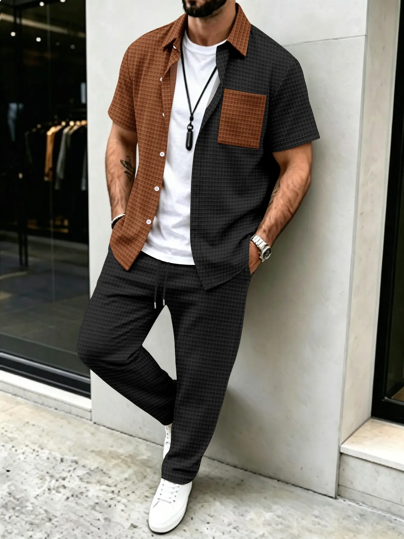 Men's Solid Waffle Pattern Cas - Mens Fashion Wear avaliação e preço