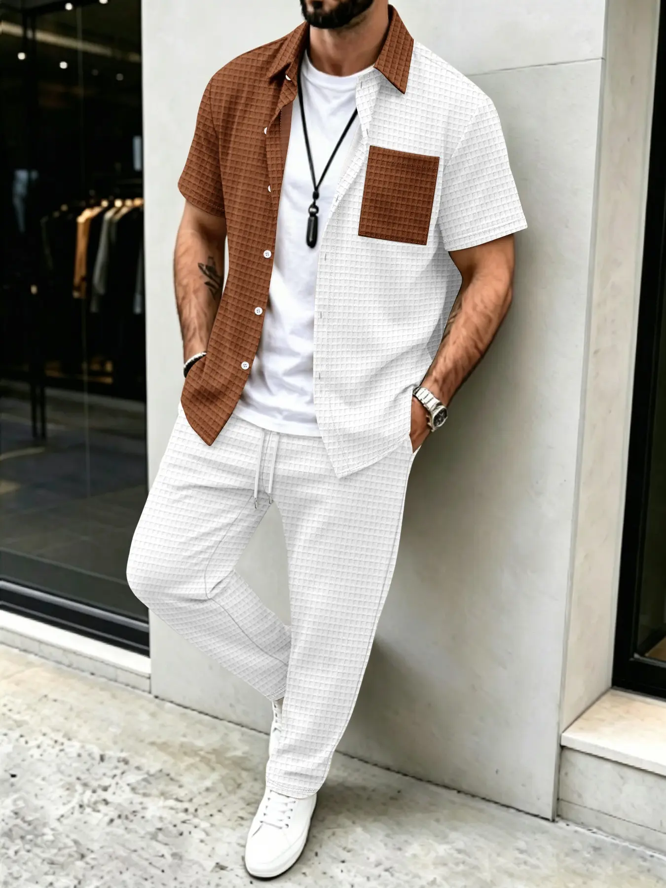 Men's Solid Waffle Pattern Cas - Mens Fashion Wear avaliação e preço