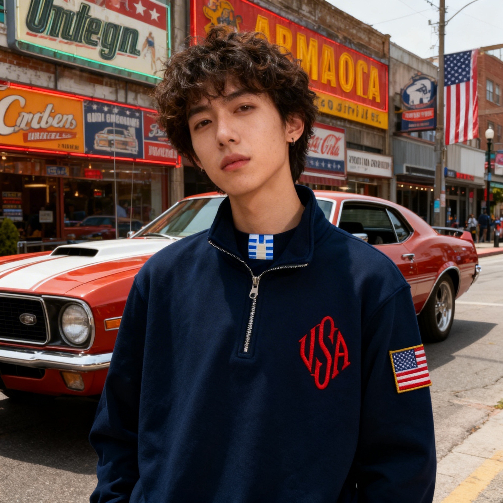 Vintage USA Flag Embroider Swe - Mens Fashion Quarter Zip avaliação e preço
