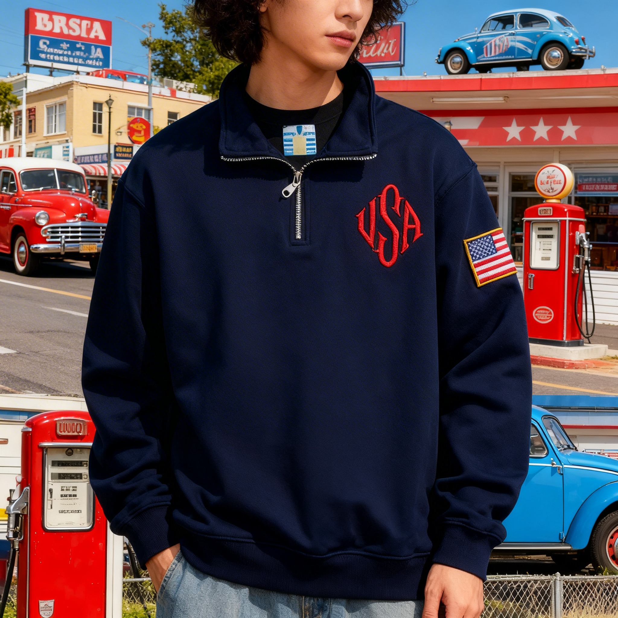 Vintage USA Flag Embroider Swe - Mens Fashion Quarter Zip avaliação e preço