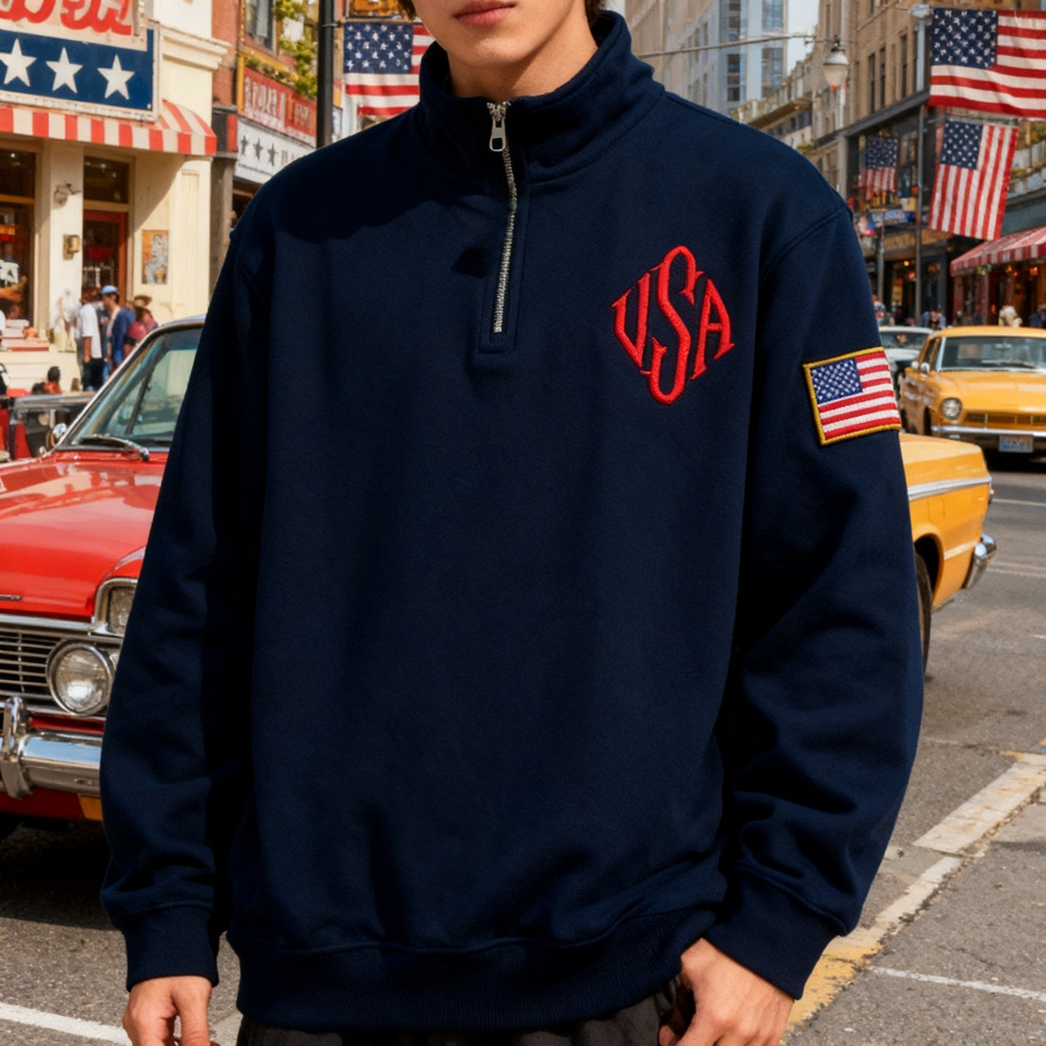 Vintage USA Flag Embroider Swe - Mens Fashion Quarter Zip avaliação e preço