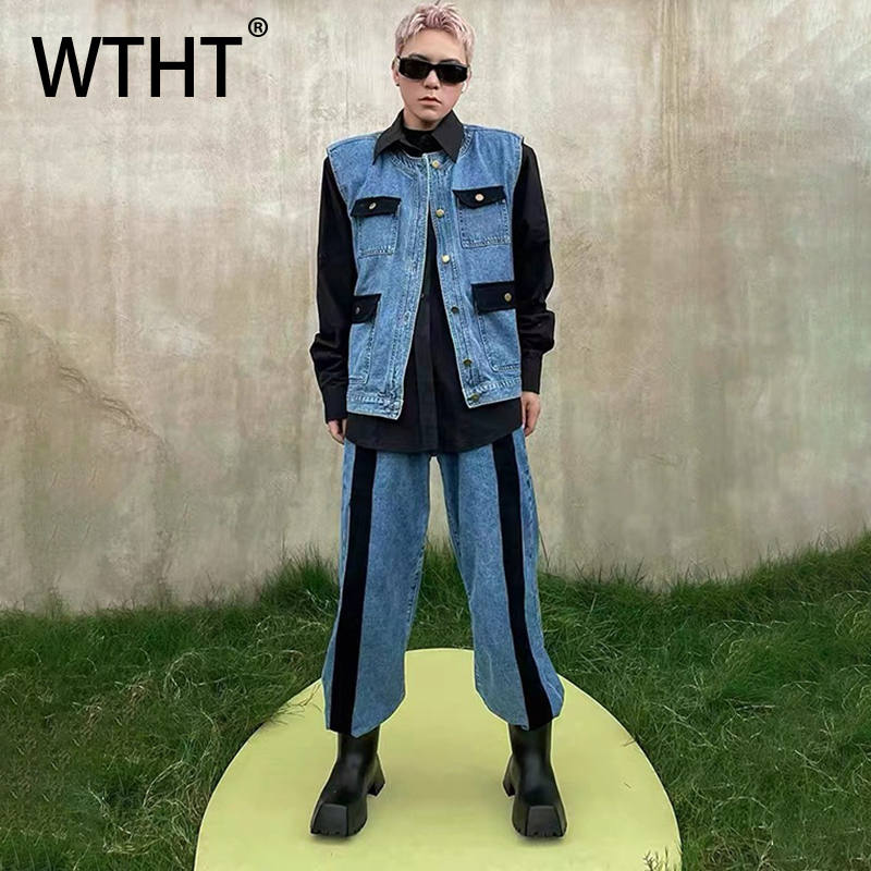 WTHT Vintage Men's Suit Patchw - Men'S Fashion Vest With Jeans avaliação e preço