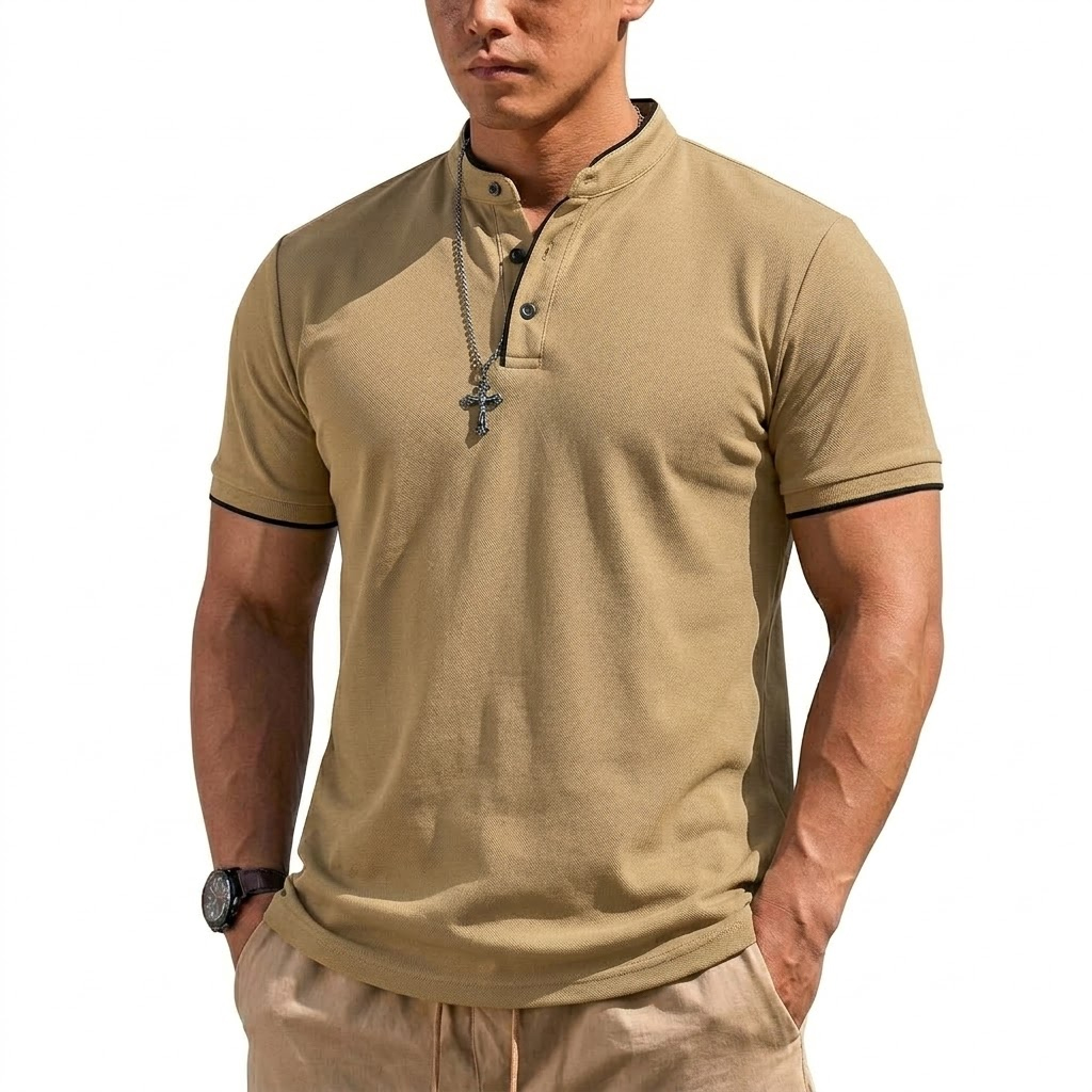 Summer Short Sleeve Henley Shi - Men'S Fashion Polo avaliação e preço