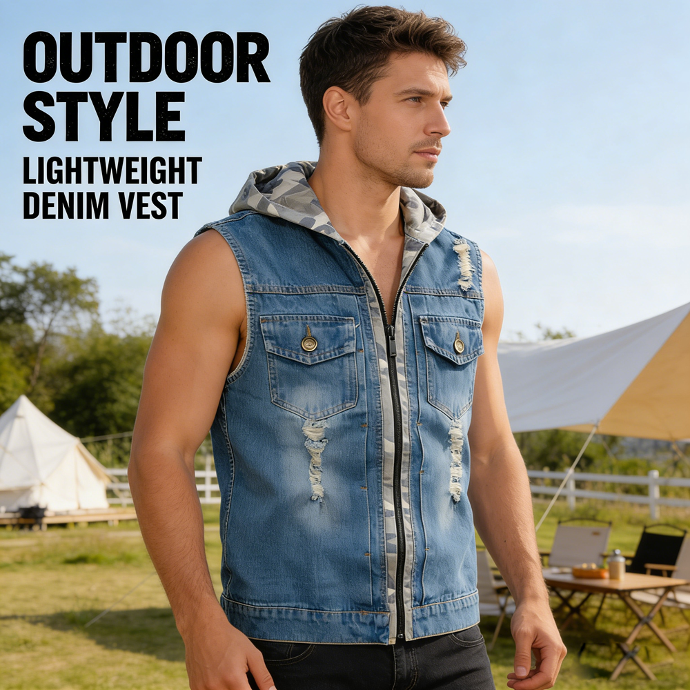 Spring Summer Mens Camo Hooded - Men'S Fashion Vest With Jeans avaliação e preço